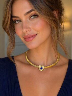 Gold Heart Choker Necklace with Blue Center Stone